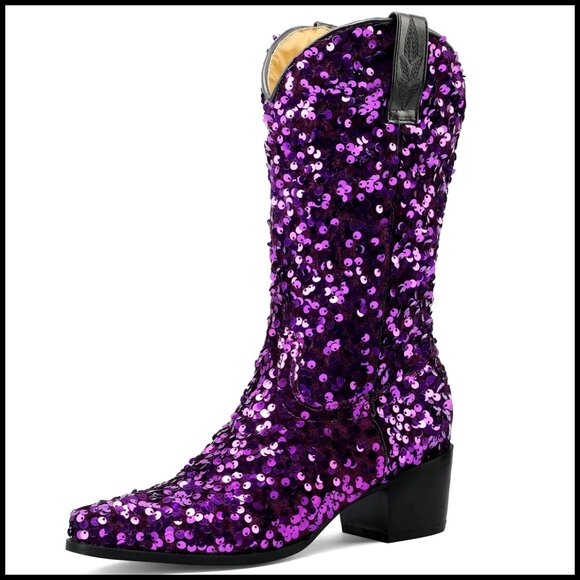 Sequin Cowboy Boots Mid Calf Chunky Heel Wedding Party Western